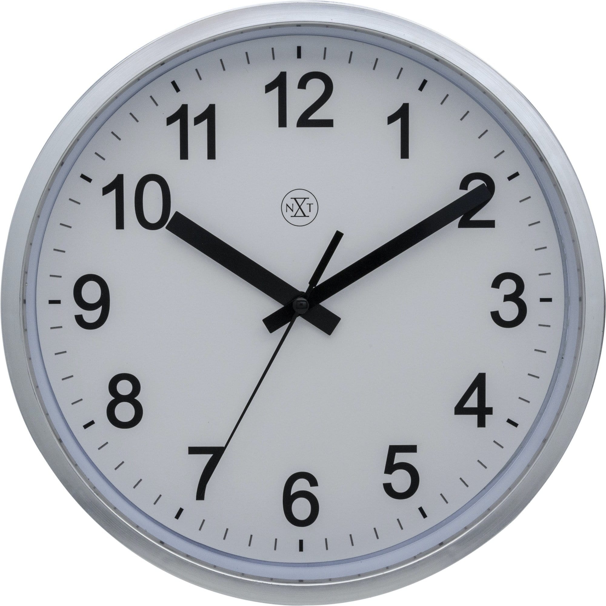 NeXtime Clocks wall clock, 25.5 cm diameter, plastic case, robust design, front view showing black clock face and white hands.